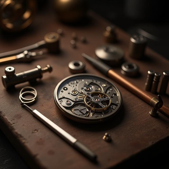 Watchmaker’s bench with precision tools and movements