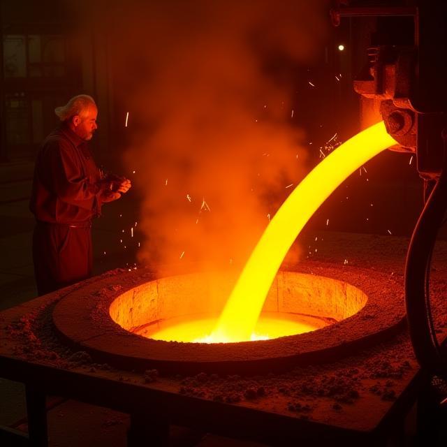 Molten recycled steel being poured in foundry